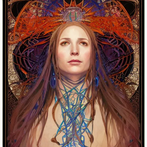 Prompt: an acrylic on canvas portrait of a Visionary Urban Shaman Lightworker Alchemist Druid, Mystery, Love, wholeness, rooted lineage, web of life, open eye freedom by Greg Rutkowski, Artgerm and Alphonse Mucha. Epic fantasy art.