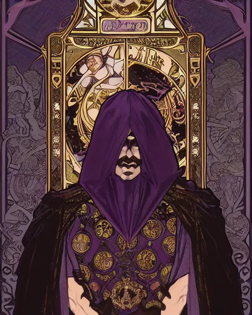 Prompt: tarot card, head and chest only, the devil, demon male, black and purple robes, beautiful, medieval, super detailed, ornate, by alphonse mucha, stjepan sejic, greg rutkowski, symmetry, 8 k, sharp focus