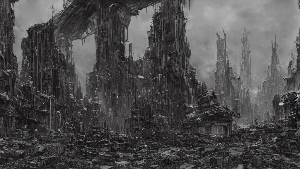 Image similar to group of survivors, post apocalypse remnants of civilization, machines, bleak, eerie atmospheric, by tsutomu nihei, gerald brom and vincent di fate, epic cinematic matte painting