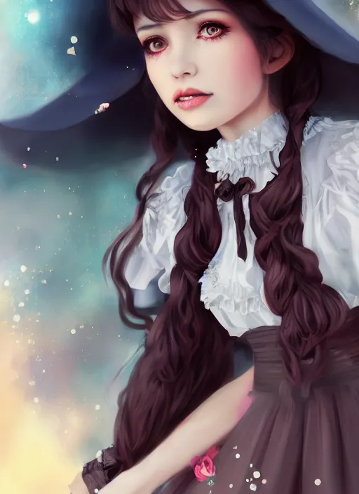 Prompt: beautiful witch girl in lolitafashion dress, mystical, character, closeup headshot, in the style of artgerm, artstation, wlop, alexis franklin, cgsociety, 8 k resolution, detailed