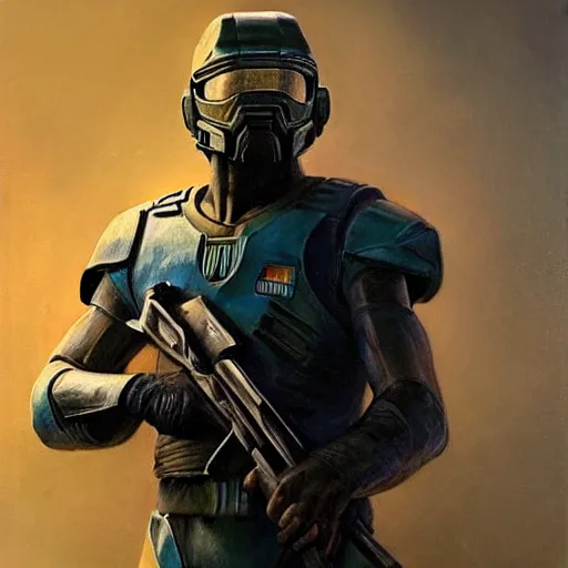 Prompt: ultra realistic portrait painting of kevin durant as master chief, art by frank frazetta, 4 k, ultra realistic, highly detailed, epic lighting