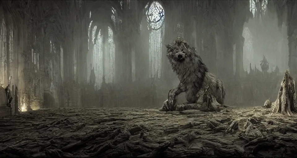 Image similar to king of the wolves - fantasy, inside the king's hall wolves and their treasures, ethereal, ominous, misty, 8 k, by h. r. giger and greg rutkowski, the last guardian by fumito ueda - elden ring