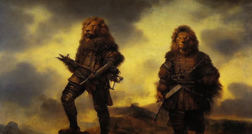 Prompt: oversized anthropomorphic lion war fighter , very textured detailed oil painting panoramic portrait by rembrandt, backlight, dramatic clouds ,sunset