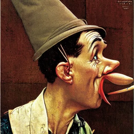 Prompt: pinocchio face with long nose piante di by norman rockwell