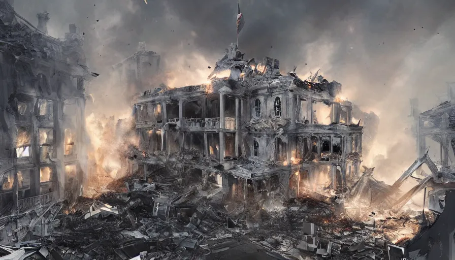 Image similar to white house destroyed by explosion, fire, ashes, smoke columns, debris, collapsing, emergency, hyperdetailed, artstation, cgsociety, 8 k