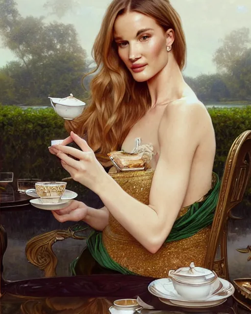 Image similar to Portrait of Rosie Huntington-Whitely & a mallard & a pig having tea at the Ritz, real life skin, intricate, elegant, highly detailed, artstation, concept art, smooth, sharp focus, art by artgerm and greg rutkowski and alphonse mucha