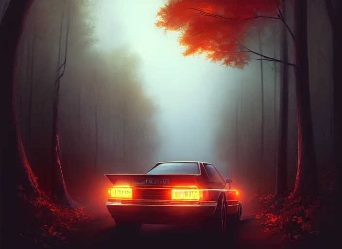 Prompt: detailed intricate digital illustration by greg rutkowski and artgerm and wlop and sanford robinson gifford ; 1 9 8 8 vehicle, glowing headlights, foggy forest in background ; 1 3 mm film, close up head on arri alfa anamorphic lens ; sharp focus, soft evening lighting, trending on artstation 4 k