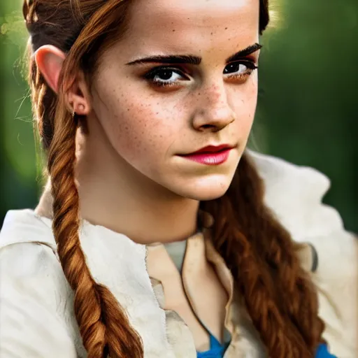 Image similar to Emma Watson modeling as Malon from Zelda, (EOS 5DS R, ISO100, f/8, 1/125, 84mm, postprocessed, crisp face, facial features)