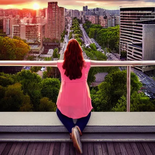 Prompt: a woman on a balcony leaning on the rail overlooking an overgrown city at sunset, digital art, colorful, scenic, powerful