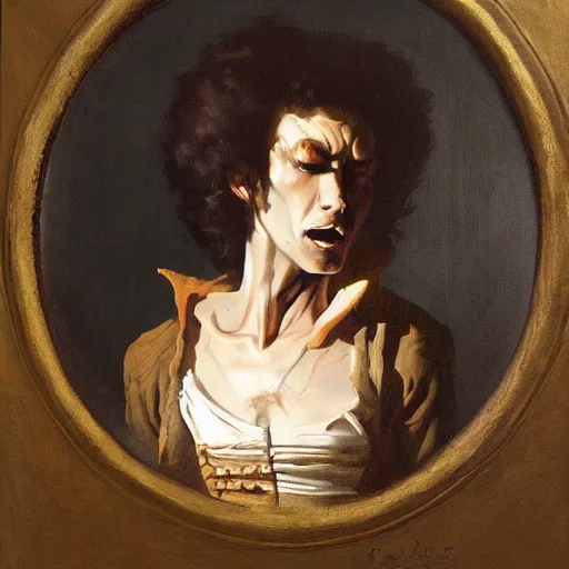 Image similar to oil painting portrait of (vampire) by hyacinthe rigaud, (Greg rutkowski) highly detailed