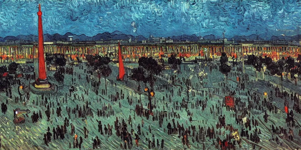 Prompt: painting of azadi square, tehran, early morning, cloudy, by van gogh