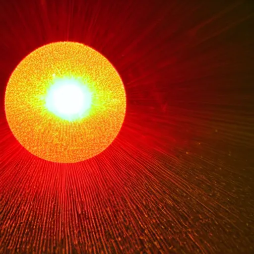 Image similar to a ball of gold nanoparticles, illuminated by a red laser beam, the environment is living