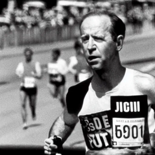 Image similar to film still close - up shot of joe biden running a marathon. photographic, photography