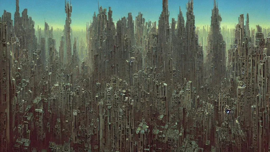 Prompt: Beautiful Painting of a cyberpunk city by Zdzisław Beksiński