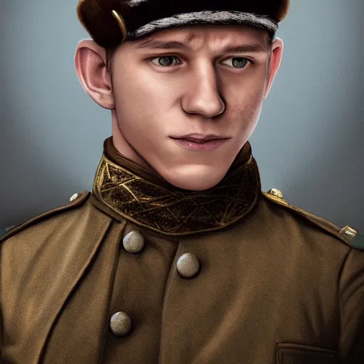 Prompt: closeup portrait of tom holland wearing russian ww 1 clothes, with black beanie on head, dark blurred background, style ivan talavera and artgerm, radiant lighting, hyper realistic, photorealistic, octane render, trending on artstation, cgsociety, cinematic light, global illumination