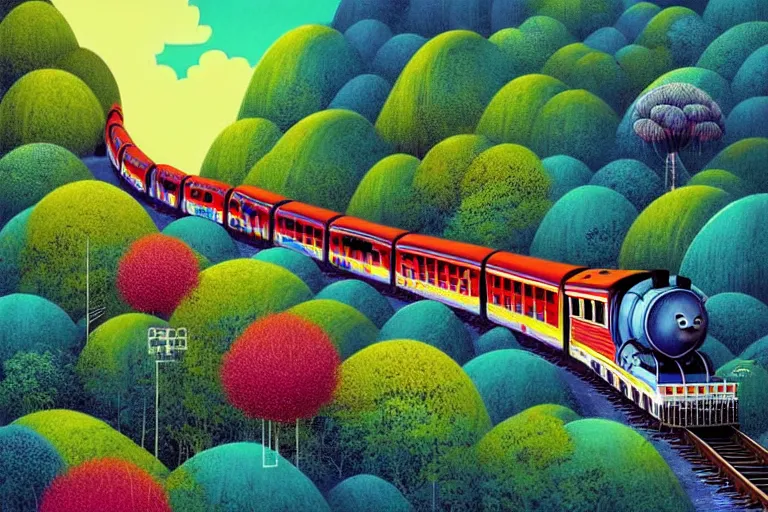 Prompt: surreal glimpse into other universe, choo choo train to penang hill, summer morning, very coherent and colorful high contrast, art by!!!! gediminas pranckevicius!!!!, geof darrow, floralpunk screen printing woodblock, dark shadows, hard lighting, stipple brush technique,