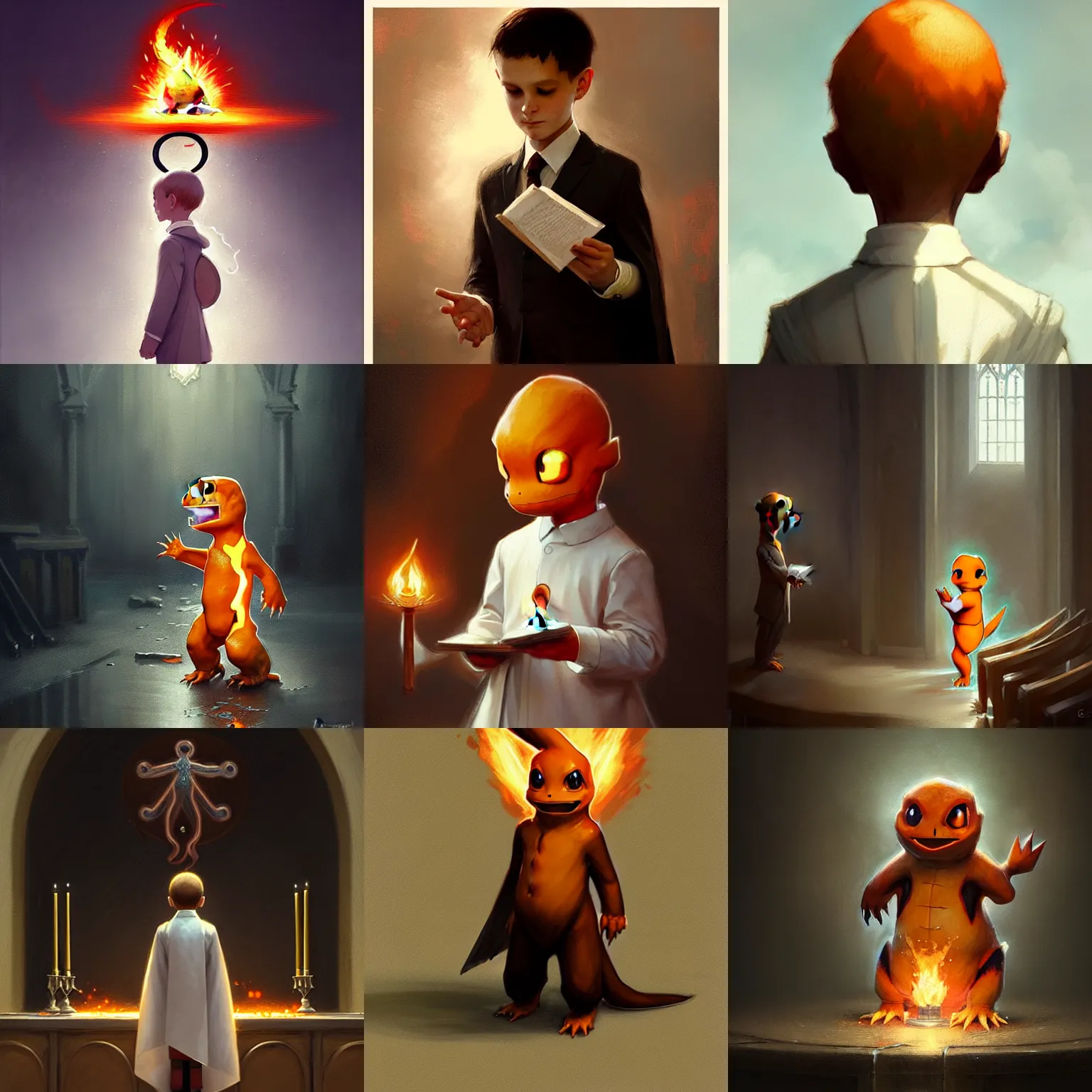 Image similar to charmander in his first communion, art by greg rutkowski, intricate, elegant, highly detailed, smooth, sharp focus, artstation