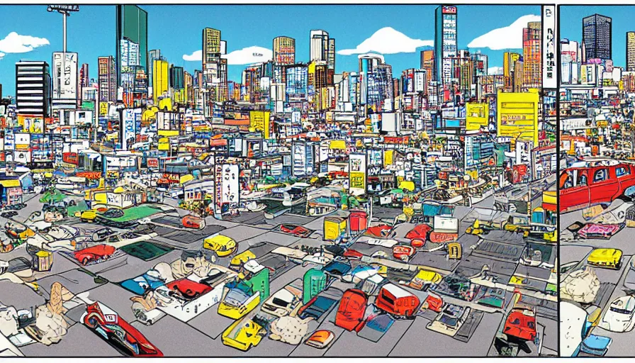 Prompt: akira toyama city with cars in comic book, beautiful colors