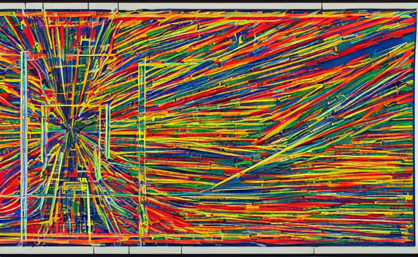 Prompt: automated modularity of the graphic musical score, hypermasculine, explosive, with colors from warhol soup