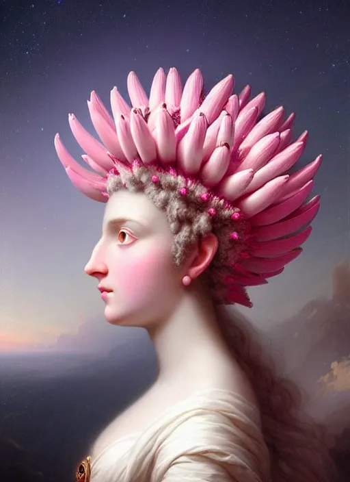 Image similar to stunning alien godess princess, detailed pink and white protea head peace against a black backdrop by ivan aivazovsky, 3 / 4 view portrait, wlop, super sharp details, photorealism, canon 5 d, 5 0 mm lens, stunning photoshot, beautiful soft lighting, muted colours, artstation