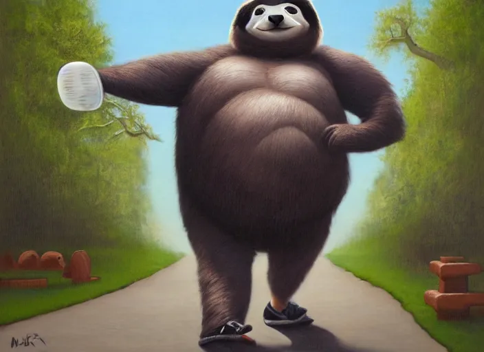 Image similar to anthro fat sloth going for a run in the park, wearing running sneakers and a muscle tee - shirt, dynamic active running pose, an ultrafine detailed painting by mark ryden, trending on deviantart, pop surrealism, whimsical, lowbrow, grotesque