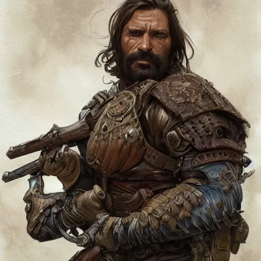 Image similar to portrait of a rugged ranger, 4 0 years old, muscular, upper body, hairy torso, d & d, fantasy, intricate, elegant, highly detailed, digital painting, artstation, concept art, smooth, sharp focus, illustration, art by artgerm and greg rutkowski and alphonse mucha