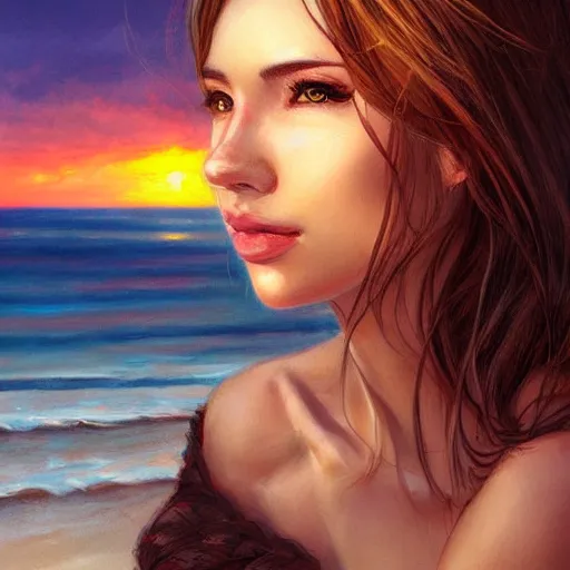 Image similar to portrait of beautiful woman on the beach, brown eyes, sunset, highly detailed, by wlop, rossdraws, artgerm.