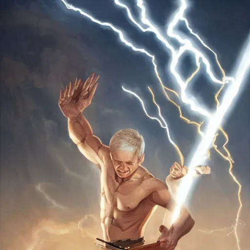 Prompt: benjamin netanyahu as a greek god of lightning, shooting lightning bolts from hands, highly detailed, ultra clear, by artgerm and greg rutkowski