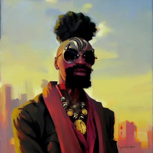 Prompt: Greg Manchess portrait painting of an afropunk villian character, medium shot, asymmetrical, profile picture, Organic Painting, sunset dark dramatic day, matte painting, bold shapes, hard edges, street art, trending on artstation, by Huang Guangjian and Gil Elvgren and Sachin Teng