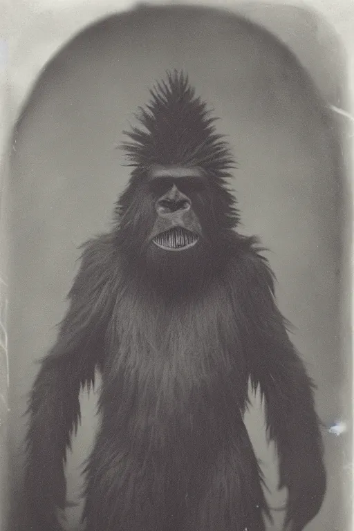 Image similar to a wet plate photograph of a Bigfoot trying on a hat