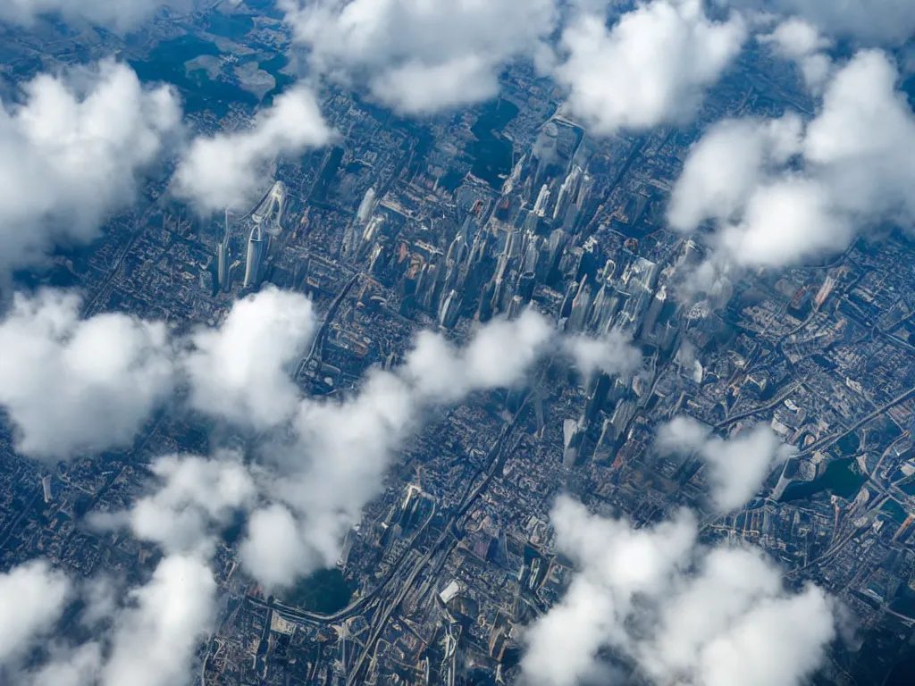 Prompt: horizontal skyscraper flying in the clouds, planes in the sky