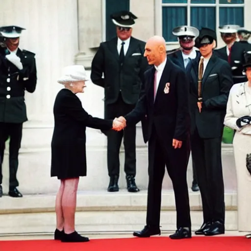 Prompt: pim fortuyn and michael jackson shaking hands, on a podium, in front of the queen