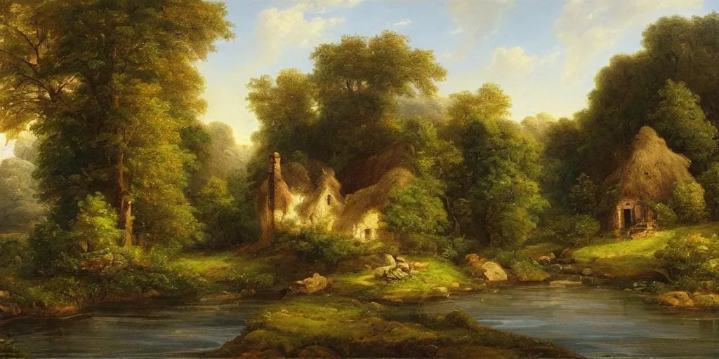 Prompt: a beautiful landscape painting of a cottage by a river in a valley, astronaut sitting by the river, by john glover, oil on canvas, highly detailed, hd, 4 k