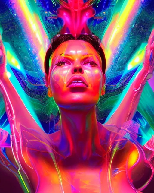 Image similar to a powerful energy psychedelic neon woman, by alexander fedosav, hyper detailed digital matte painting, concept art, hyperrealism, 1 6 k resolution, cinema 4 d, 8 k resolution, trending on artstation, behance hd, a masterpiece, by stephan martiniere, particles, cel - shaded, power bright neon energy, by david a. hardy,