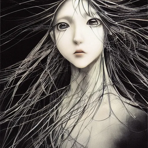 Image similar to Yoshitaka Amano realistic illustration of an anime girl with wavy white hair and cracks on her face wearing dress suit with tie fluttering in the wind, abstract black and white patterns on the background, noisy film grain effect, highly detailed, Renaissance oil painting, weird portrait angle