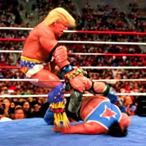 Image similar to the ultimate warrior does a suplex on donald trump, WWE, 1990s, VHS