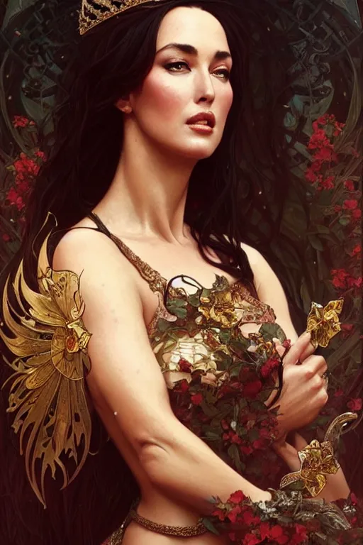 Image similar to Monica Bellucci as a princess, fantasy, intricate, elegant, highly detailed, digital painting, artstation, concept art, matte, sharp focus, illustration, art by Artgerm and Greg Rutkowski and Alphonse Mucha