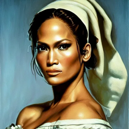 Image similar to ultra realistic portrait painting of jennifer lopez as a maid in manhattan, art by frank frazetta, 4 k, ultra realistic, highly detailed, epic lighting.