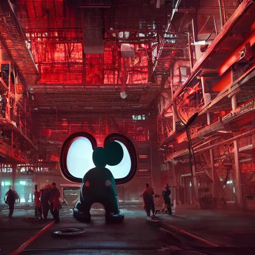 Image similar to a giant mickey mouse head, factory floor, surrounded by factory workers, octane render, cgstation, 3 d render, very detailed, mindblowing, blood and guts, gritty, cyberpunk, cinematic lighting, hyper realism, netflix logo