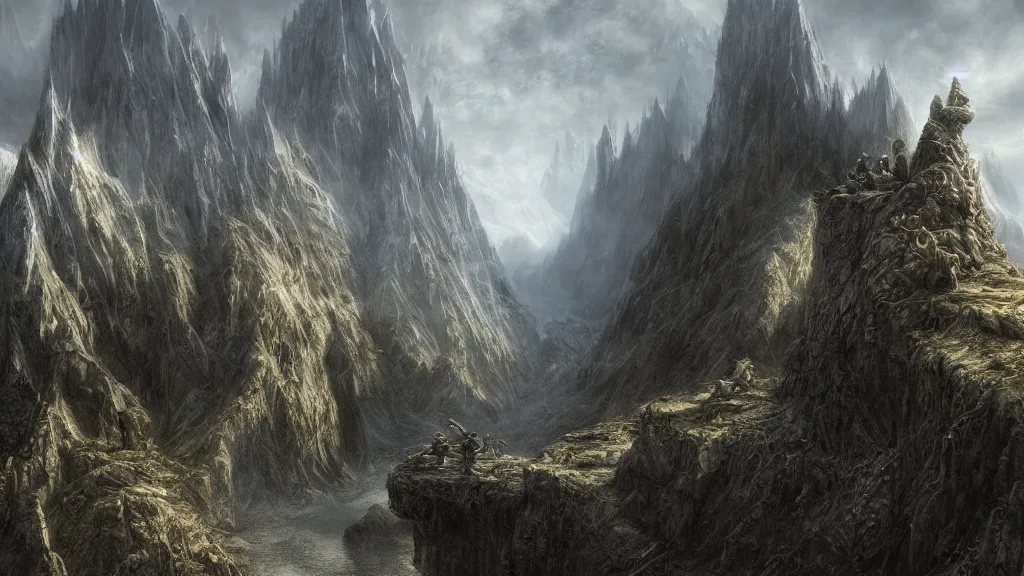 minas tirith, mountains, art deco, sense of awe, eerie