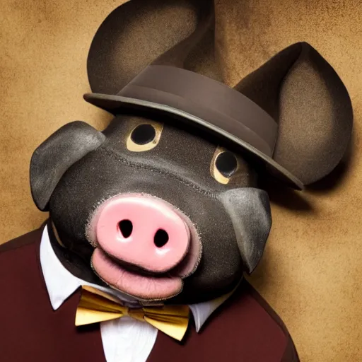 Prompt: a pig wearing a suit and a monocle, smoking a cigar, hyper realistic, 8k, portrait photography