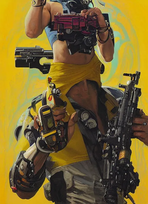 Prompt: mustached athlete in yellow jumpsuit. cyber dude firing a futuristic red automatic pistol with huge magazine. ad for pistol. cyberpunk poster by james gurney, azamat khairov, and alphonso mucha. artstationhq. gorgeous face. painting with vivid color, cell shading. ( rb 6 s, cyberpunk 2 0 7 7 )