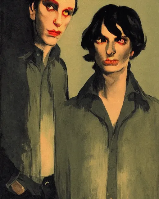Prompt: two beautiful but sinister young men wearing oxford shirts in layers of fear, with haunted eyes and dark hair, 1 9 7 0 s, seventies, wallpaper, a lot of blood, moonlight showing injuries, delicate embellishments, painterly, offset printing technique, by brom, robert henri, walter popp