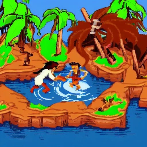 Image similar to monkey island game, guybrush swordfighting with jack sparrow