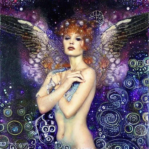 Prompt: dreamy angels cybernetic, in the cosmos, intricate detail, klimt, royo,