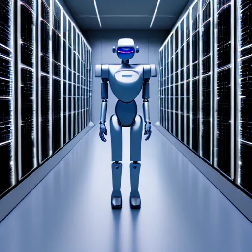 Image similar to hyperrealism stock photo of highly detailed stylish humanoid robot in sci - fi style by gragory crewdson and vincent di fate in the highly detailed data center by mike winkelmann and laurie greasley rendered in blender and octane render