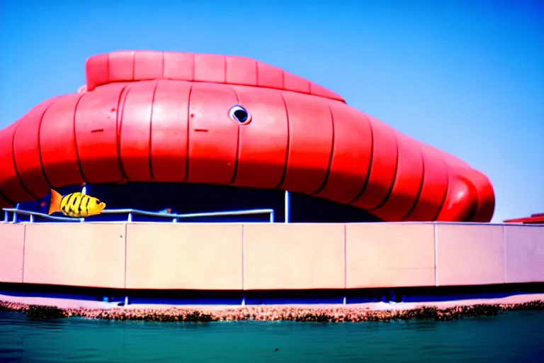 Image similar to 1 9 8 5 crab themed giant aquarium, googie architecture, one point perspective, americana, fishcore, exterior photography, hd 8 k, photography cinestill