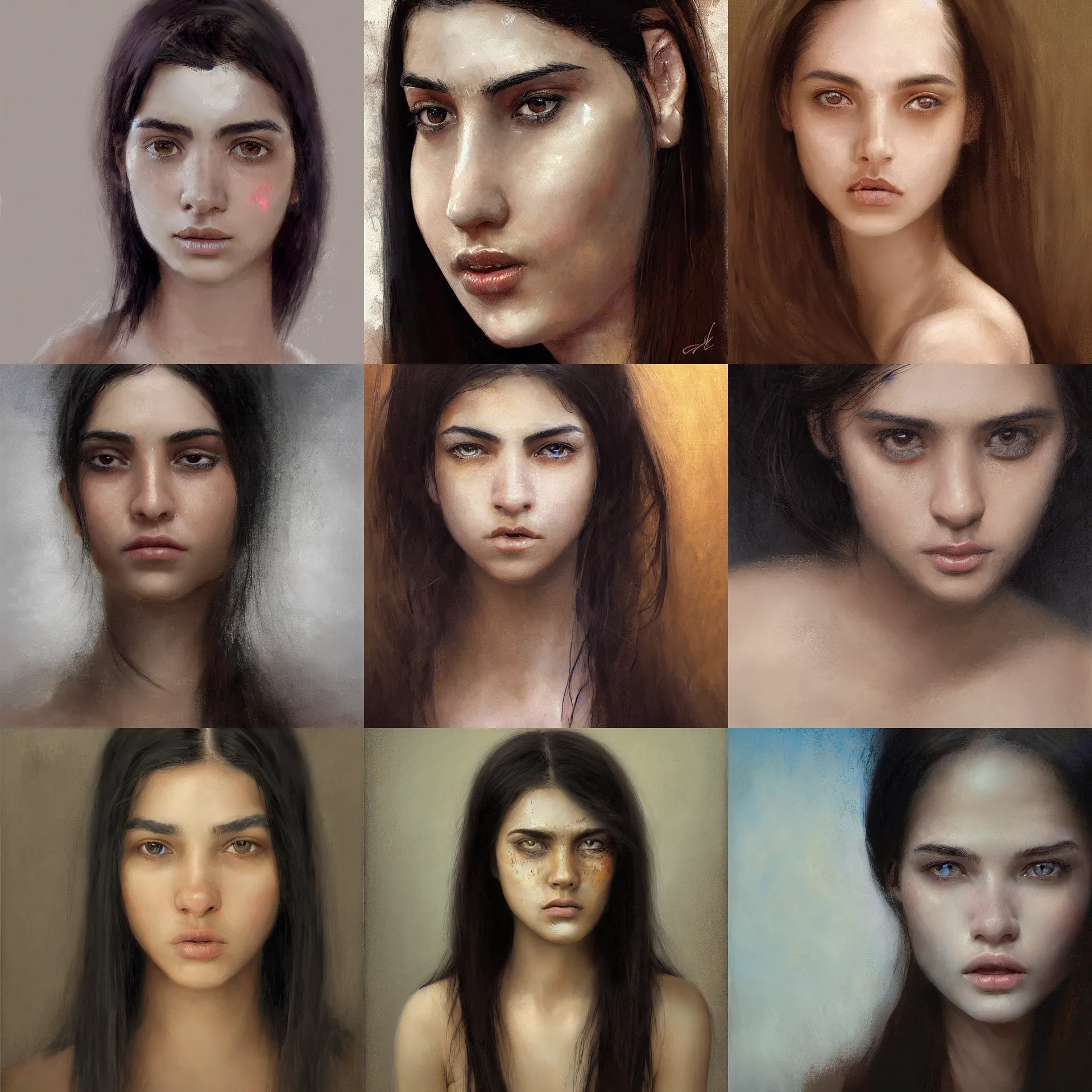 Prompt: digital art portrait painting of a 2 0 years old white skin young latino woman, long free black straight hair, thick eyebrows, very small eyes, small straight nose, strong defined jaw, thin lips, brown eyes, painted by craig mullins and gaston bussiere and greg rutkowski, symmetrical facial features, symmetrical face, defined facial features, beautiful face, dramatic lighting