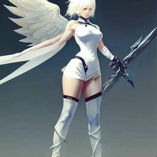 Image similar to greg manchess painting of a 2 yorha type a no. 2 as mercy from overwatch!!, white long hair, large white wings, organic painting, trending on artstation, by huang guangjian and gil elvgren and sachin teng