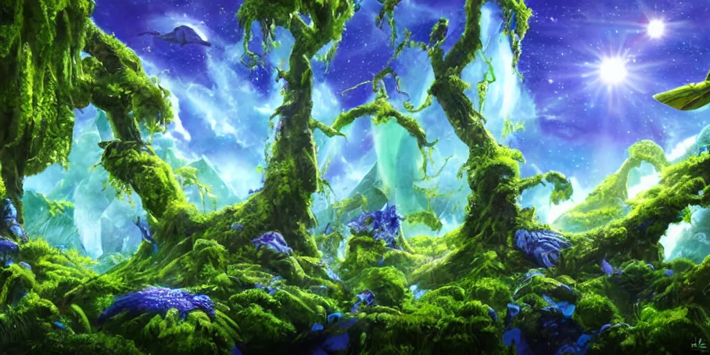 Image similar to navi planet from the movie avatar, landscape art, digital art, alien trees and animals